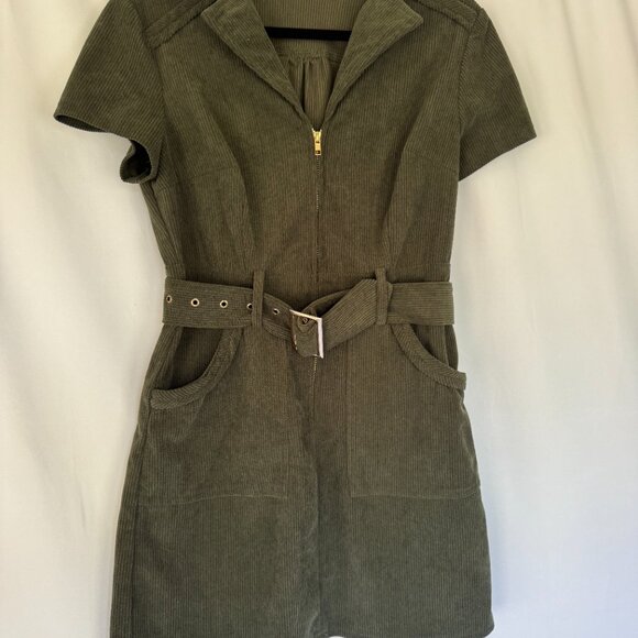 Womens Corduroy Mini Dress Short Sleeve pockets Belted Cowgirl Dress - 391 - Picture 8 of 9